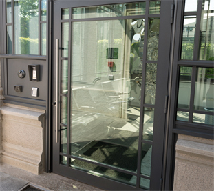 Glass and Aluminium Doors with Decorative Crossbars and Electronic Access Control