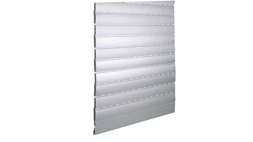 Burglar-proof aluminium roller shutters with high-density insulation, side closing caps and holes for light between the slats.
