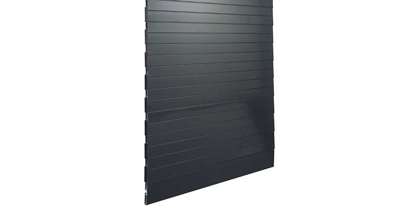 Burglar-proof aluminium roller shutters with high-density insulation, side closing caps and holes for light between the slats.