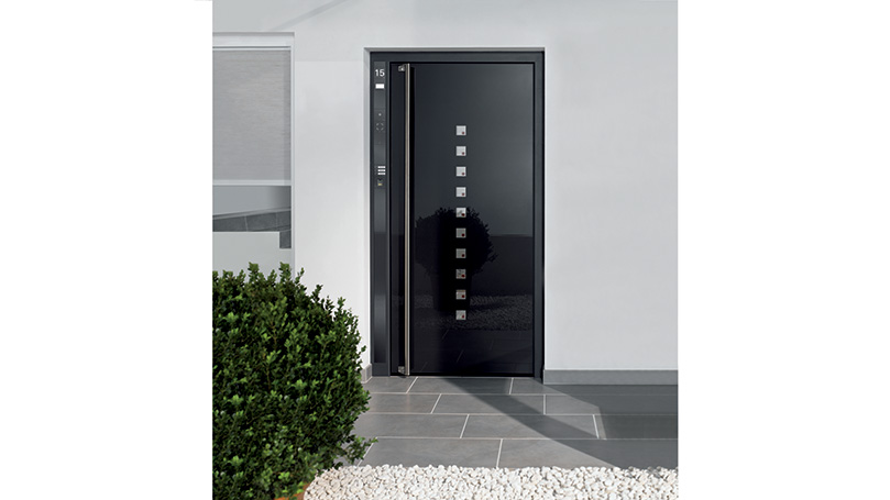 Aluminium Condominium Doors with Aluminium and Glass Mixed Panel Full Height Handle and Glass Inserts Video entry system Civic Number Integrated in the Structure