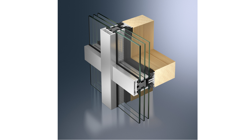 Aluminium curtain walls for wooden structures with mullions and transoms and exposed roof profiles