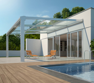 Outdoor Roofing type Pergola with Aluminium Structure, Glass Roofing and Shading System Integrated in the Structure