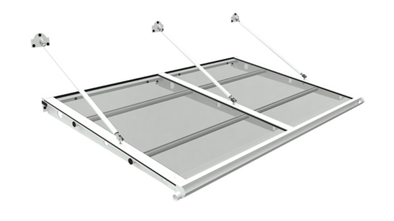 Aluminium carport with wall-fixed tie-rod structure and panels in hail-resistant plastic material