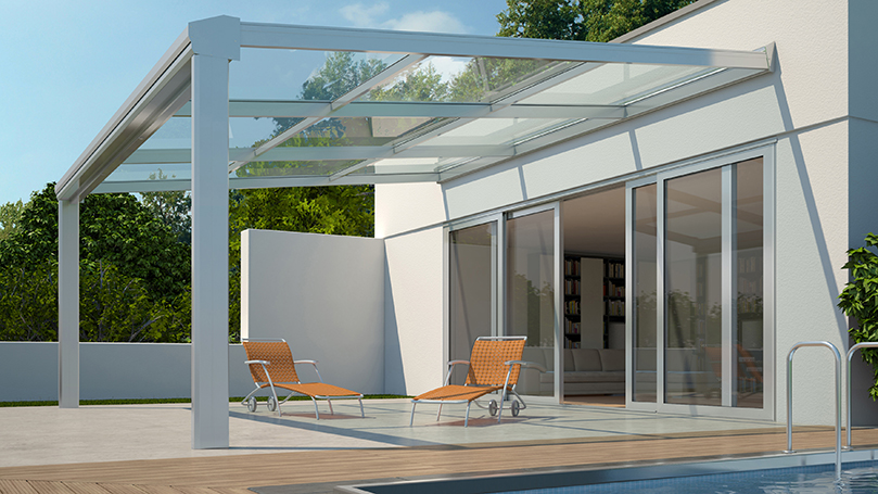 Garden Pergolas With Pool For Modern Building With Transparent Cover And Integrated Shading System