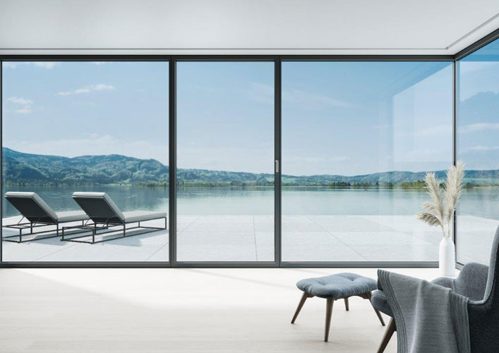 design sliding door that uses a thermal break profile that overlooks the lake